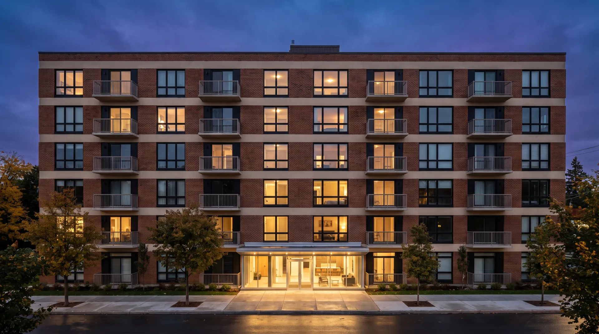 Illustration of a seven-storey brick apartment building at dusk, some windows lit