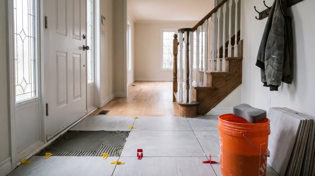Illustration of a house front entry with new tile being laid by the door, stairs and hardwood floor beyond