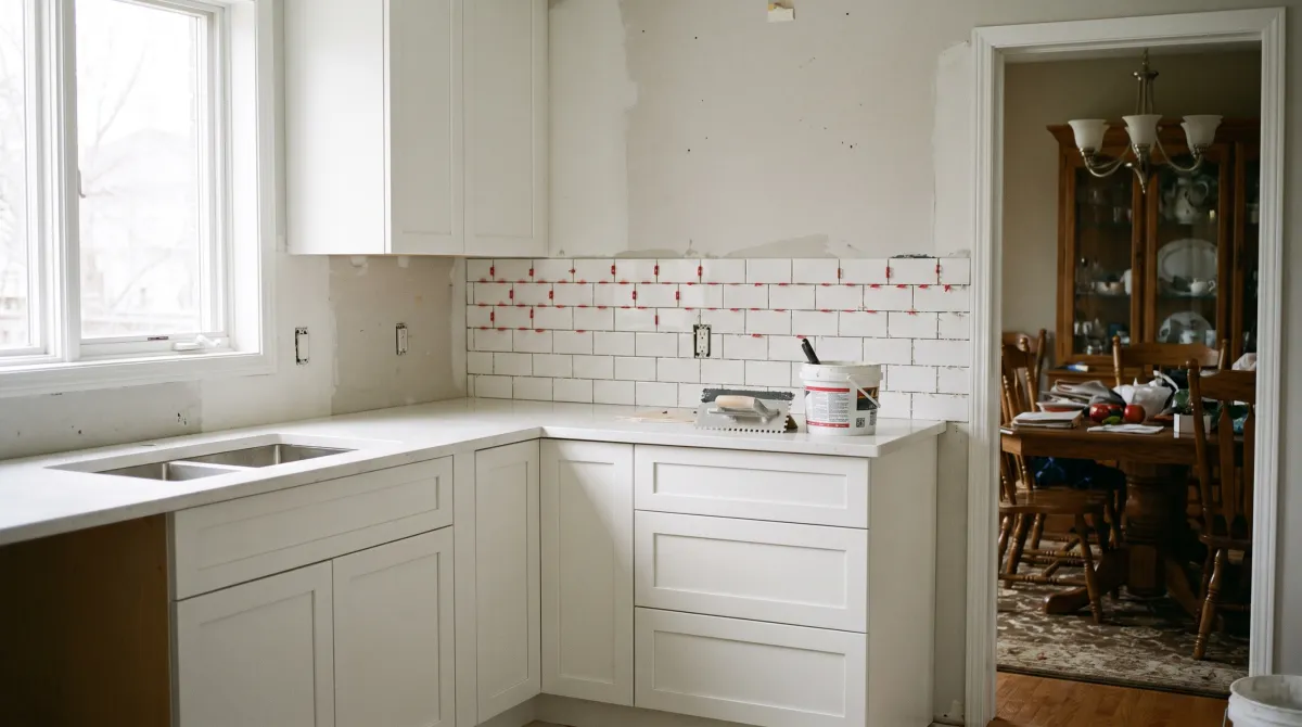 Illustration of a house kitchen mid-renovation with new cabinets in and the backsplash half tiled