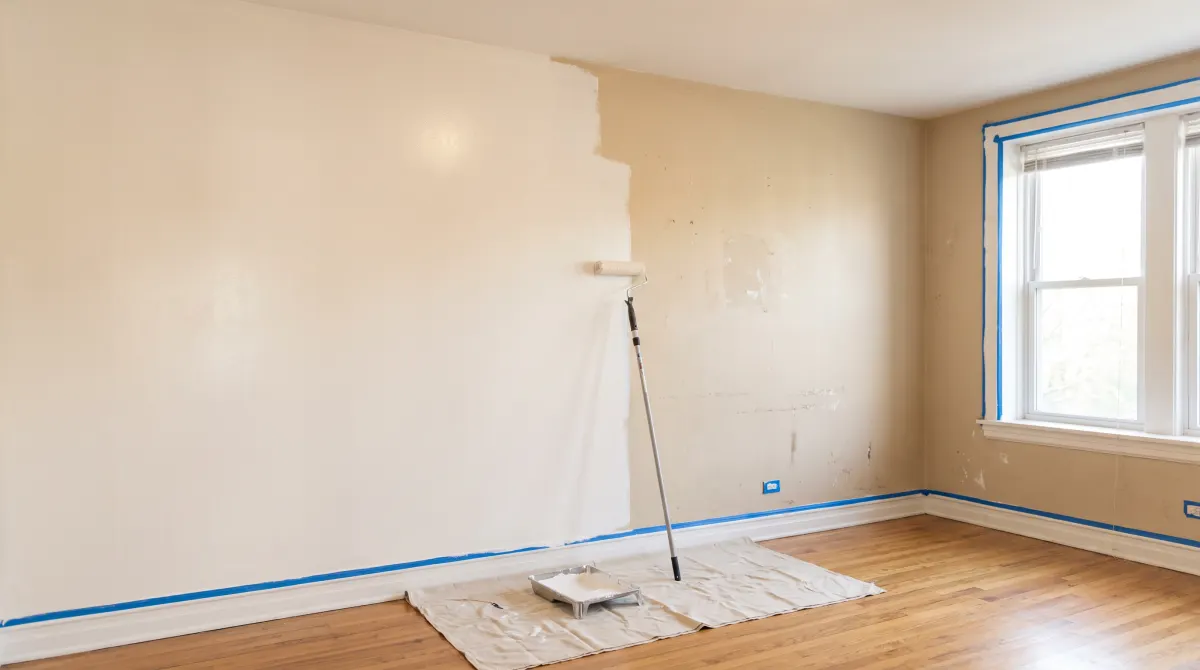 Illustration of an apartment living room halfway through a repaint, roller and tray on a drop cloth