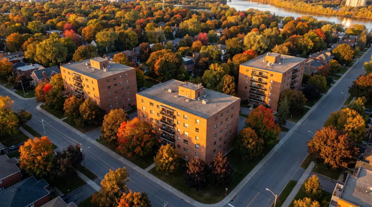 Illustration of three mid-rise apartment buildings in a leafy Ottawa neighbourhood at golden hour