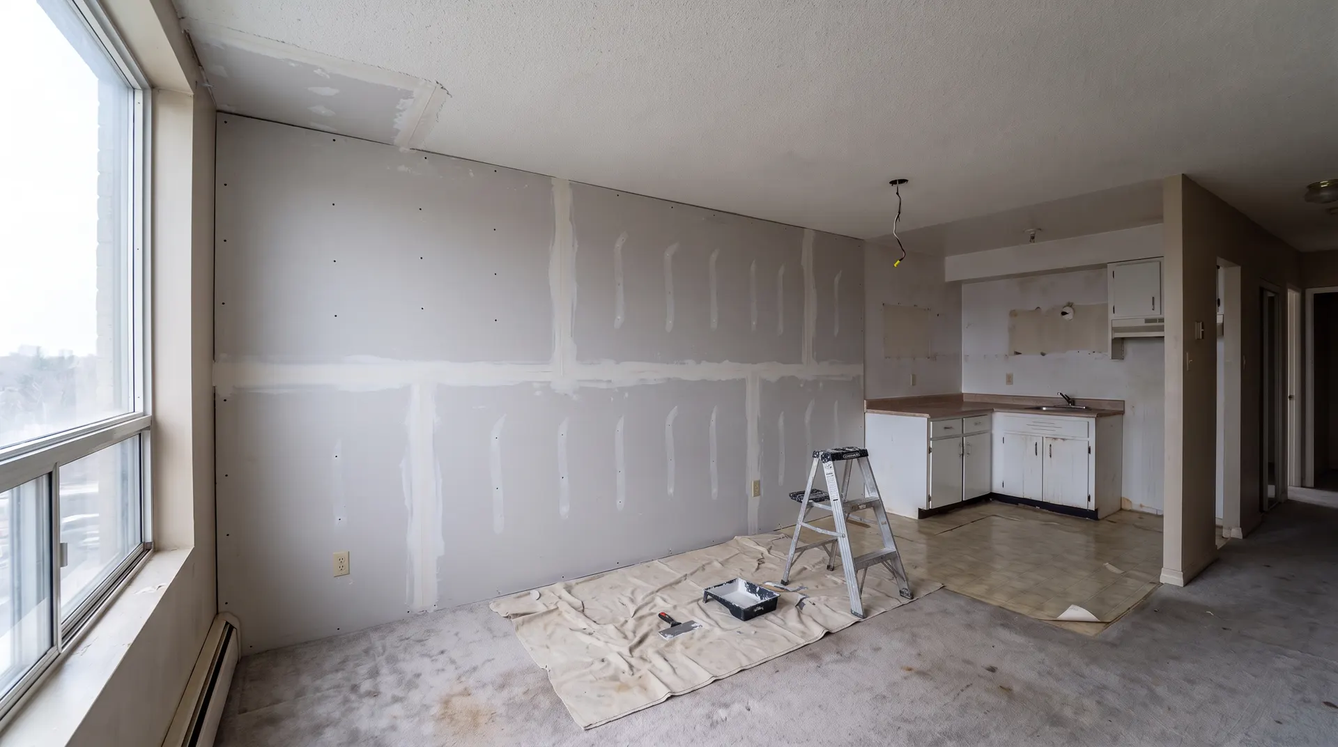 Illustration of the same unit with new drywall hung, taped and mudded